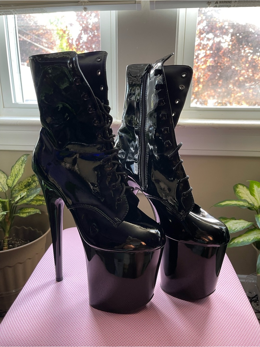 Pleaser Flamingo-1020 Black Patent Lace Up Platform Ankle Boots 8" Heel
